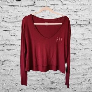 PINK Burgundy V-Neck Crop Top Small Oversized cotton
